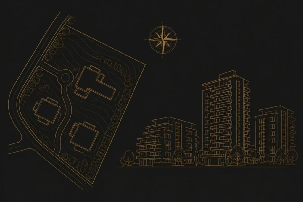 Plan masse et immeubles de logements, illustration développement et montage